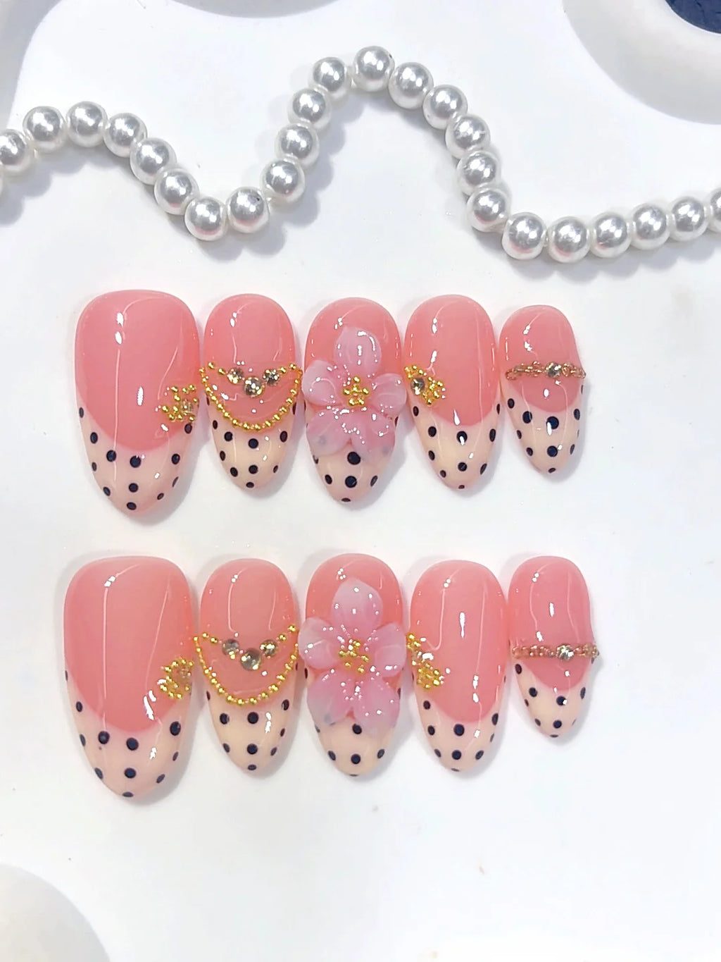 D681 - Medium Pink Almond Polka Dot French Tip Gold Floral - view 4