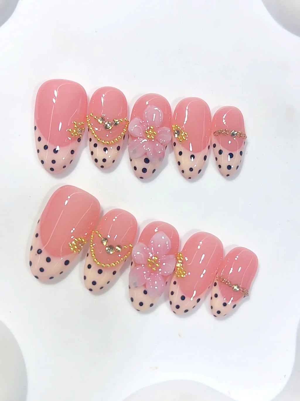 D681 - Medium Pink Almond Polka Dot French Tip Gold Floral - view 5