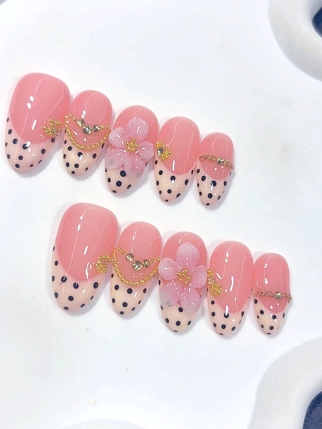 D681 - Medium Pink Almond Polka Dot French Tip Gold Floral - view 6