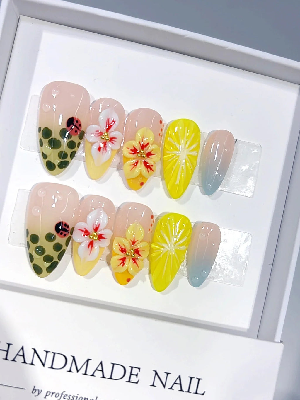 D682 - Medium Yellow Green Almond Ombre 3D Flowers Ladybug - view 1