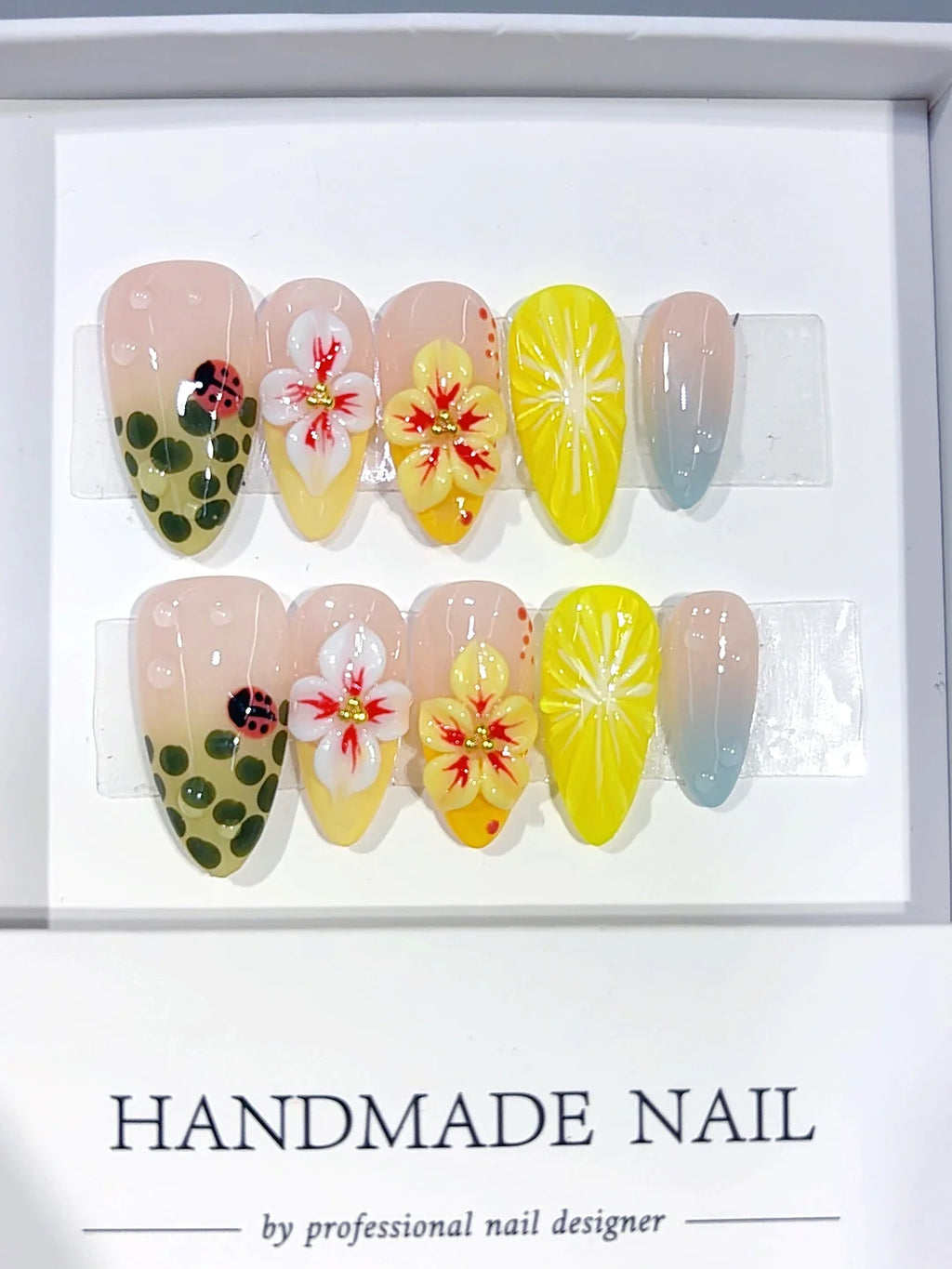 D682 - Medium Yellow Green Almond Ombre 3D Flowers Ladybug - view 2