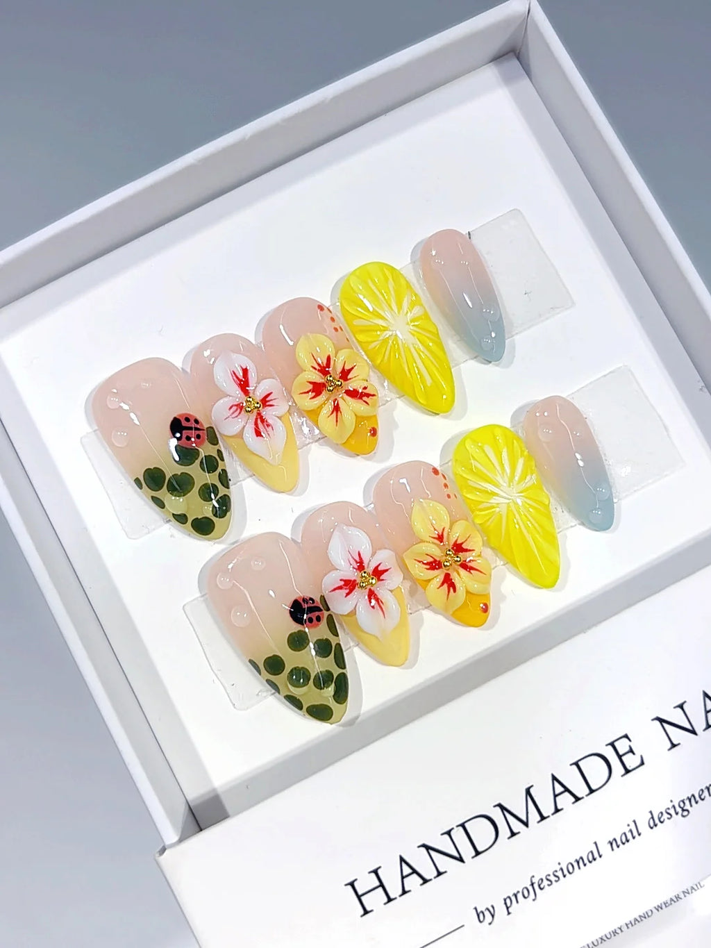 D682 - Medium Yellow Green Almond Ombre 3D Flowers Ladybug - view 3