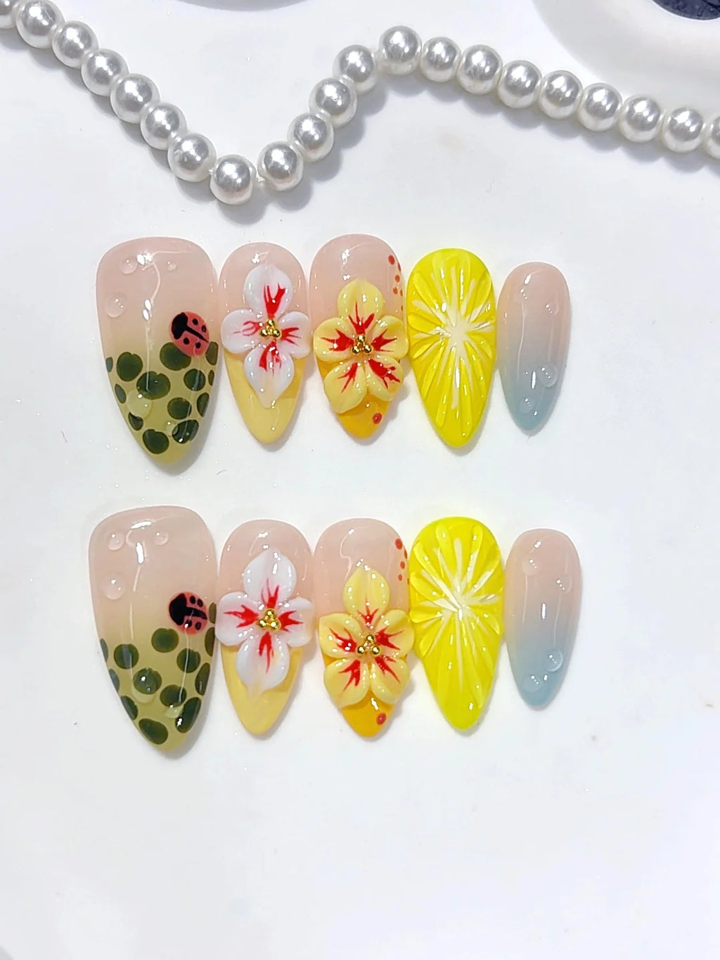 D682 - Medium Yellow Green Almond Ombre 3D Flowers Ladybug - view 4