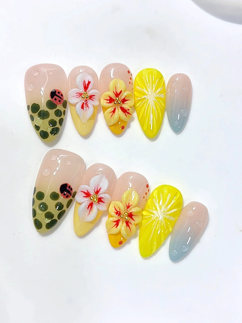 D682 - Medium Yellow Green Almond Ombre 3D Flowers Ladybug - view 5