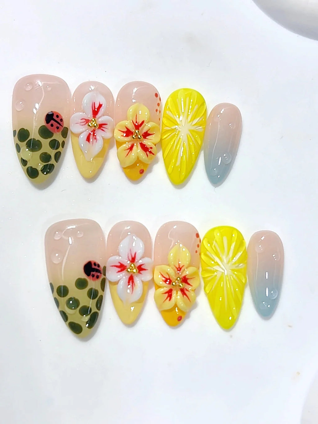 D682 - Medium Yellow Green Almond Ombre 3D Flowers Ladybug - view 6