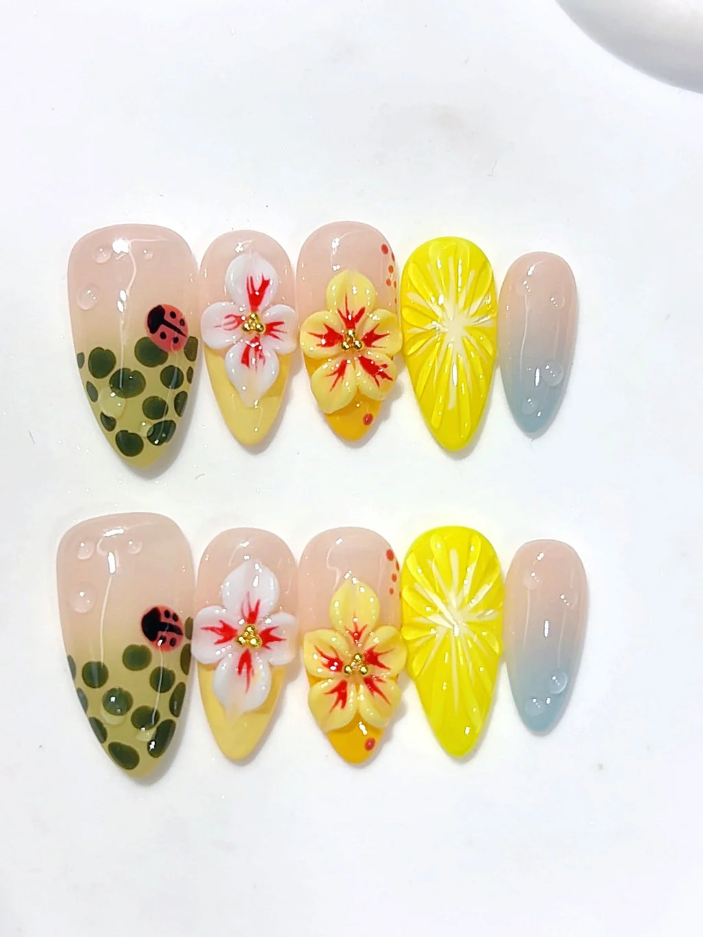 D682 - Medium Yellow Green Almond Ombre 3D Flowers Ladybug - view 7
