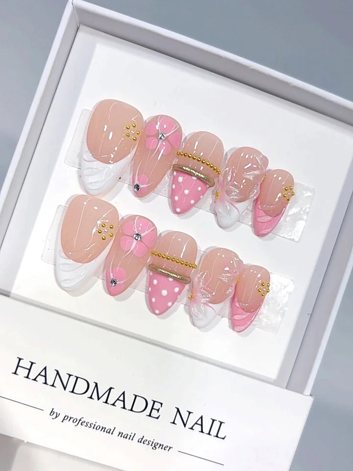 D683 - Medium Nude Pink Almond Polka Dot French Tip Floral Lines - view 1