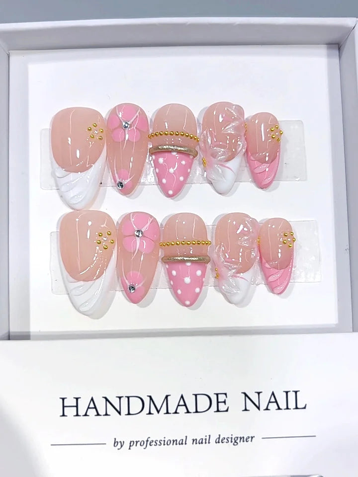 D683 - Medium Nude Pink Almond Polka Dot French Tip Floral Lines - view 2