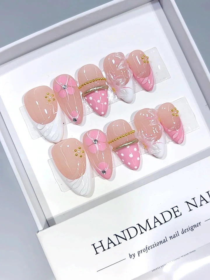 D683 - Medium Nude Pink Almond Polka Dot French Tip Floral Lines - view 3