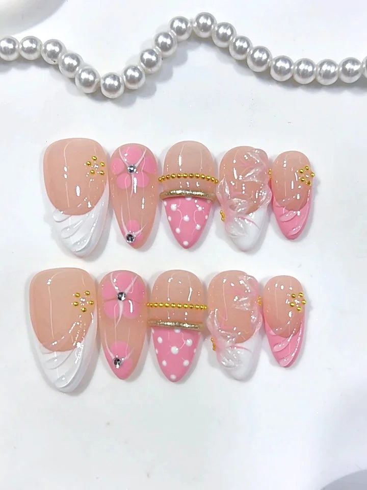 D683 - Medium Nude Pink Almond Polka Dot French Tip Floral Lines - view 4