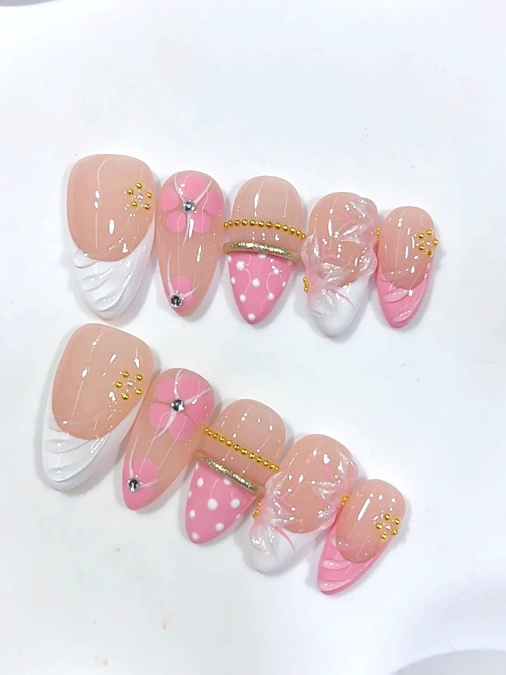 D683 - Medium Nude Pink Almond Polka Dot French Tip Floral Lines - view 5