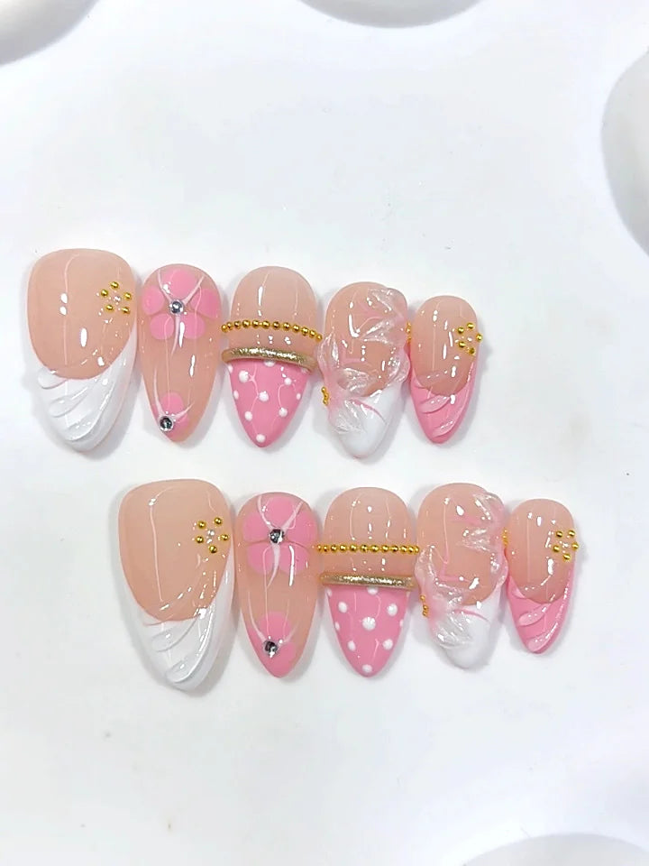 D683 - Medium Nude Pink Almond Polka Dot French Tip Floral Lines - view 7
