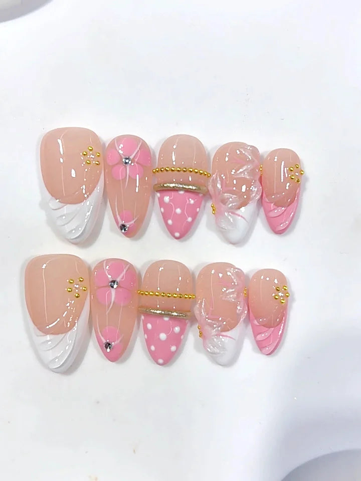 D683 - Medium Nude Pink Almond Polka Dot French Tip Floral Lines - view 8