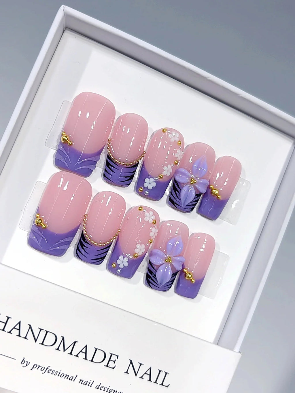 D684 - Medium Long Nude Purple Square French Tip 3D Flower - view 1