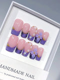 D684 - Medium Long Nude Purple Square French Tip 3D Flower - view 1