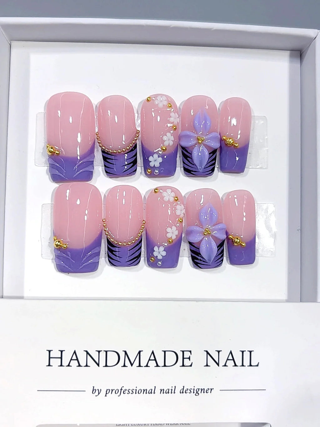 D684 - Medium Long Nude Purple Square French Tip 3D Flower - view 2