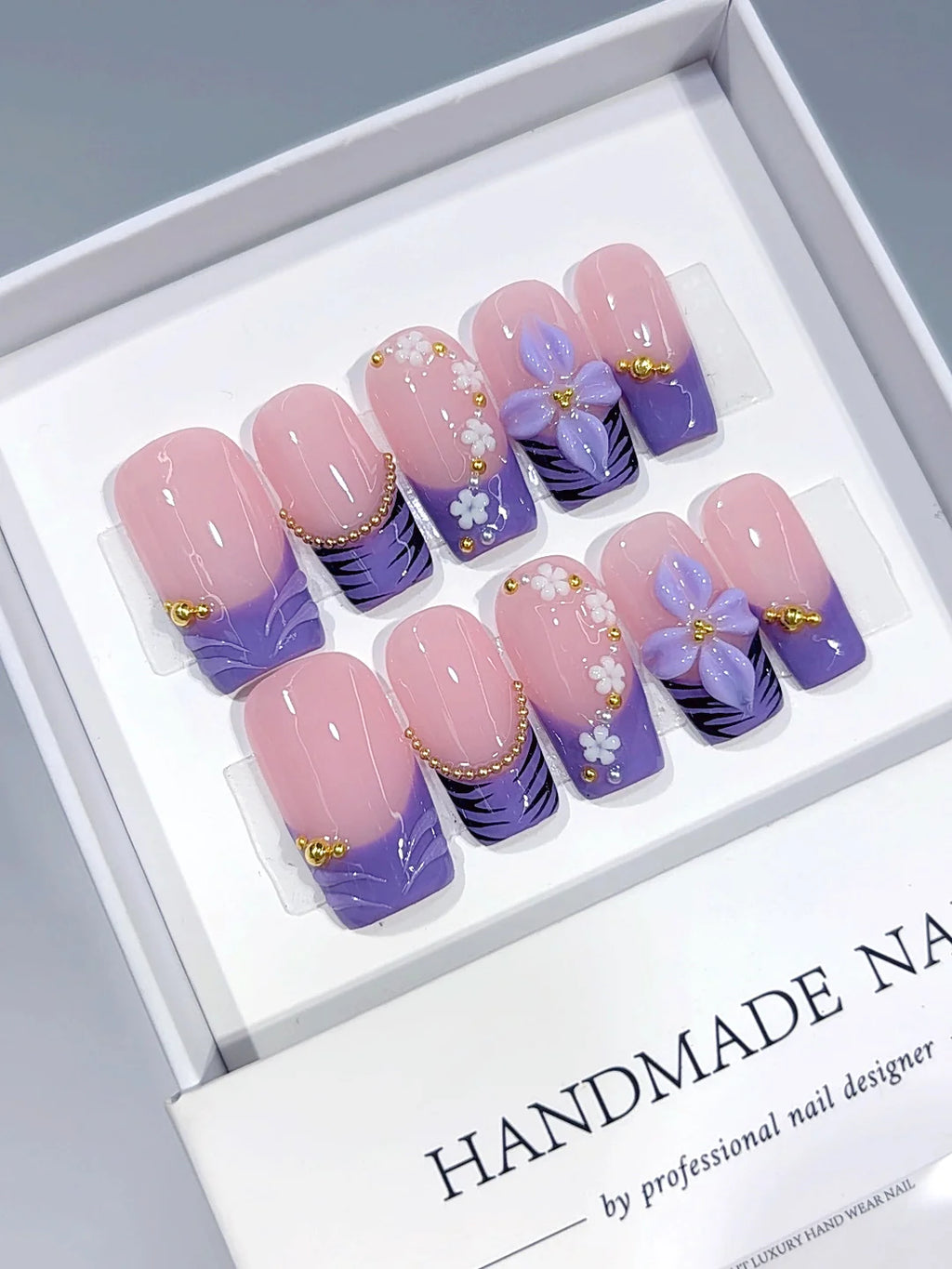 D684 - Medium Long Nude Purple Square French Tip 3D Flower - view 3