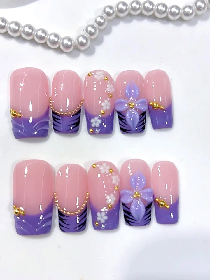 D684 - Medium Long Nude Purple Square French Tip 3D Flower - view 4