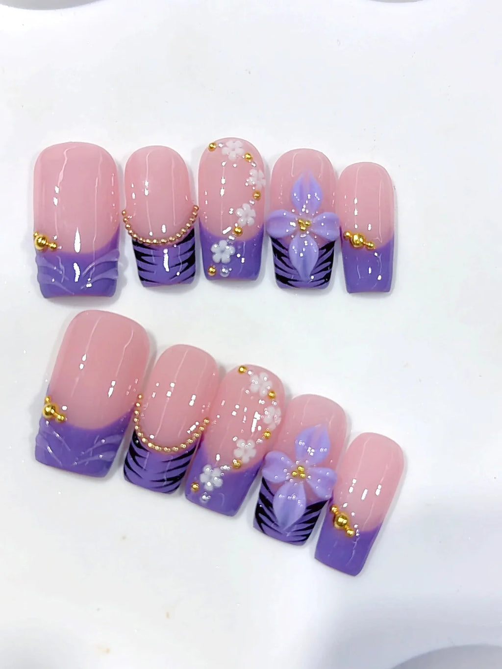D684 - Medium Long Nude Purple Square French Tip 3D Flower - view 5