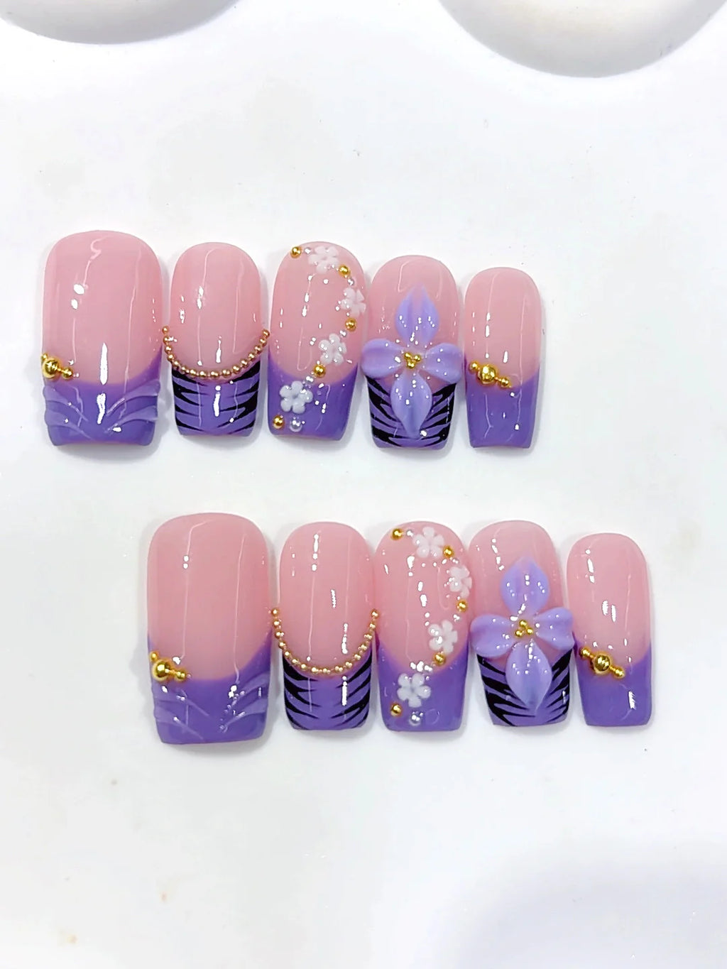 D684 - Medium Long Nude Purple Square French Tip 3D Flower - view 6