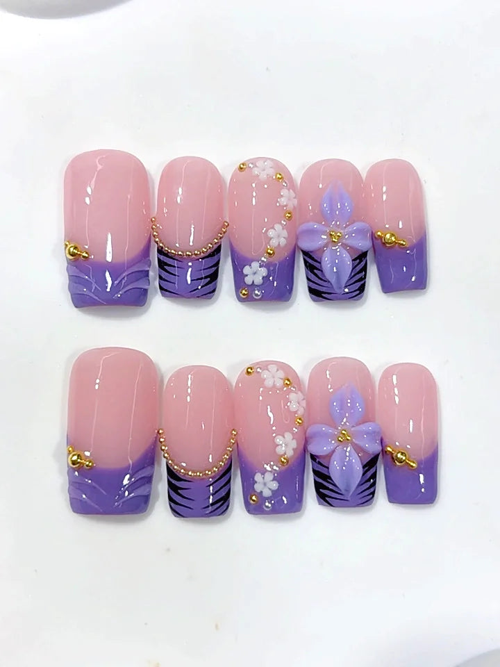 D684 - Medium Long Nude Purple Square French Tip 3D Flower - view 7