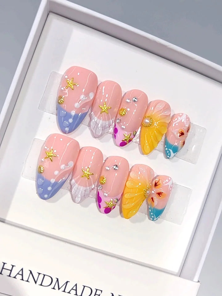D687 - Medium Multicolor Almond French Tip Polka Dot Raised Lines - view 1