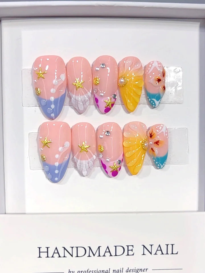 D687 - Medium Multicolor Almond French Tip Polka Dot Raised Lines - view 2
