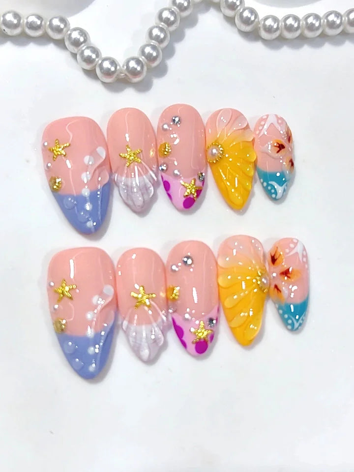 D687 - Medium Multicolor Almond French Tip Polka Dot Raised Lines - view 4