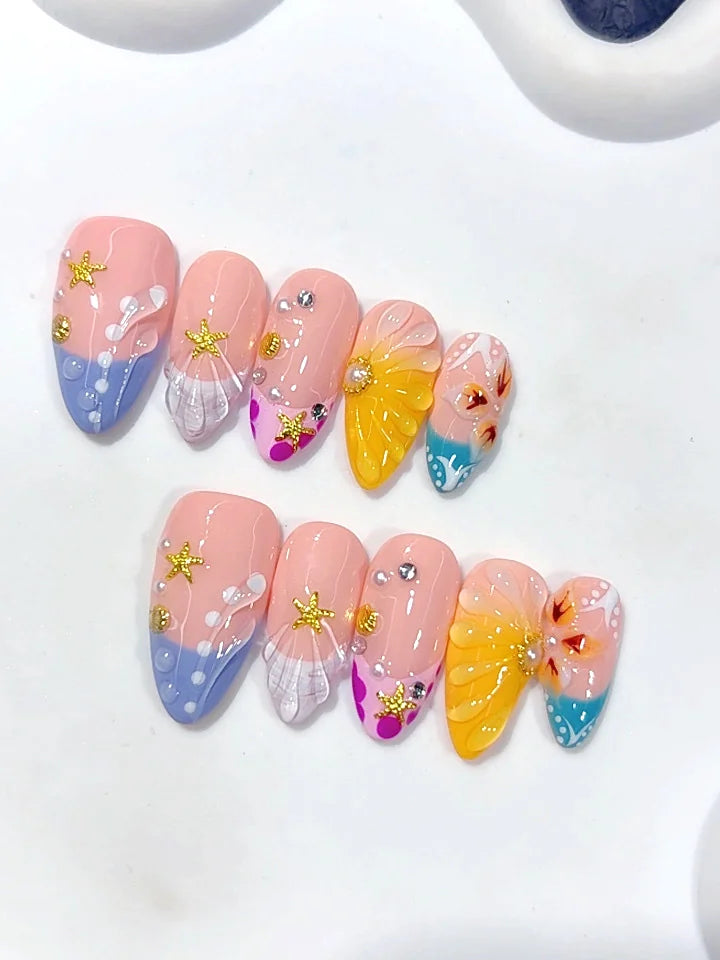 D687 - Medium Multicolor Almond French Tip Polka Dot Raised Lines - view 6