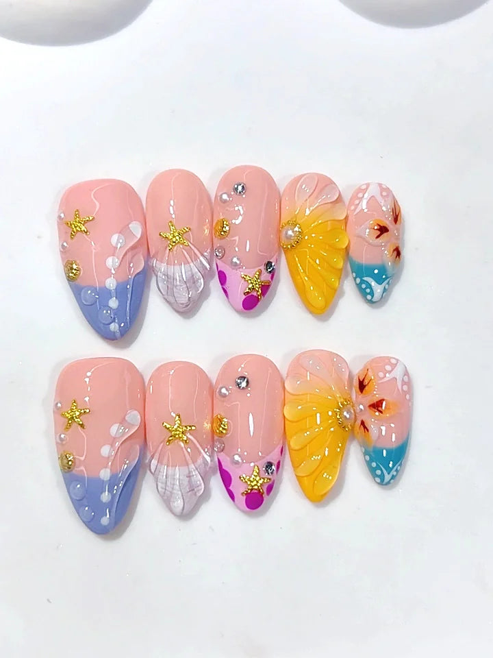 D687 - Medium Multicolor Almond French Tip Polka Dot Raised Lines - view 7