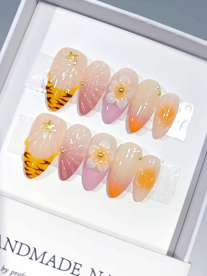 D688 - Medium Orange Nude Almond Ombre French Tip 3D Flower - view 1