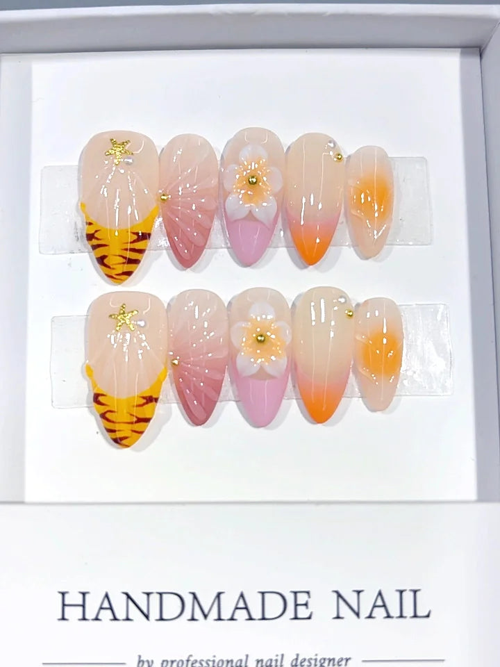 D688 - Medium Orange Nude Almond Ombre French Tip 3D Flower - view 2