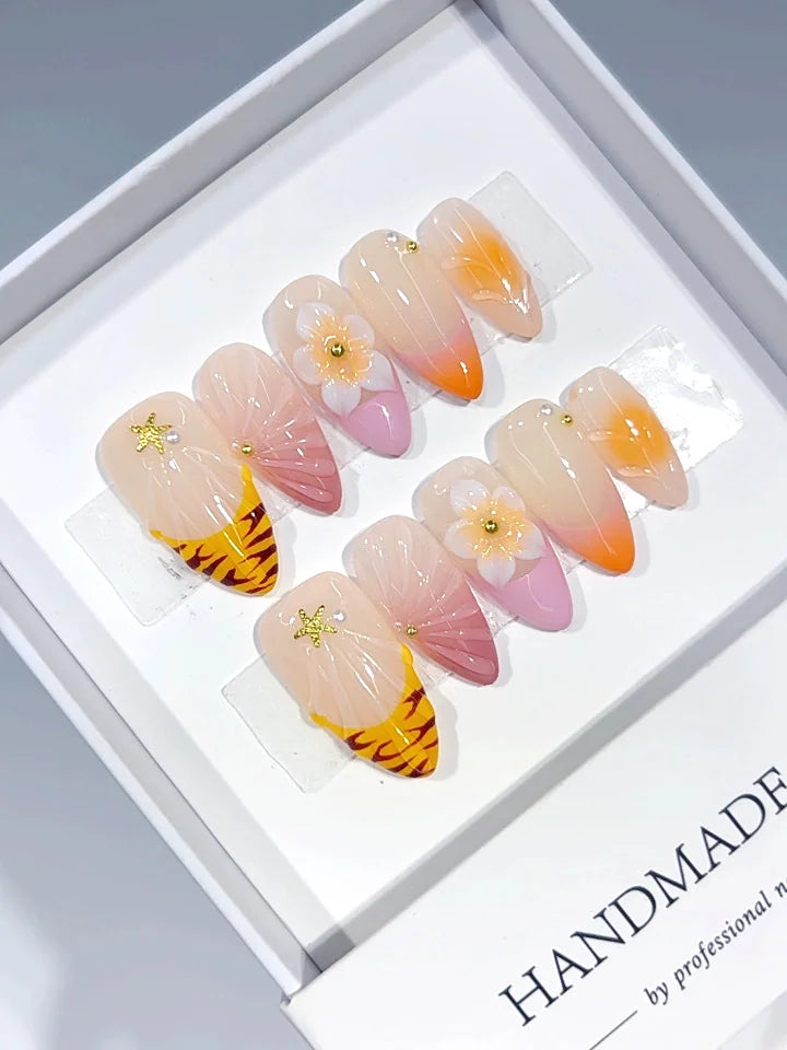 D688 - Medium Orange Nude Almond Ombre French Tip 3D Flower - view 3