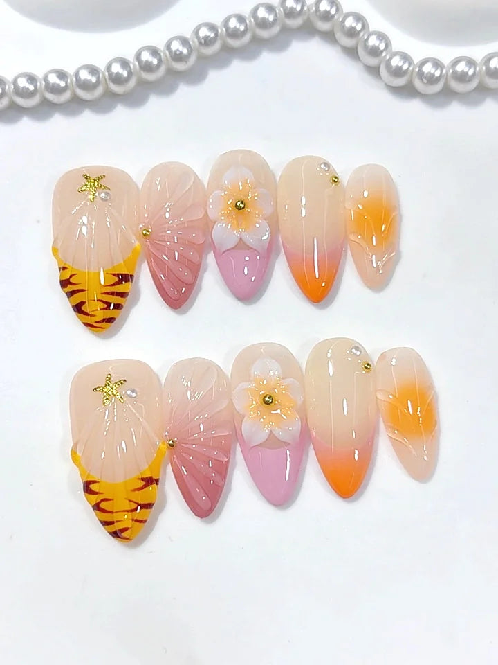 D688 - Medium Orange Nude Almond Ombre French Tip 3D Flower - view 4