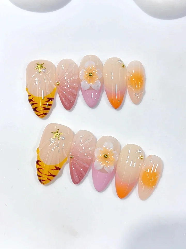 D688 - Medium Orange Nude Almond Ombre French Tip 3D Flower - view 5