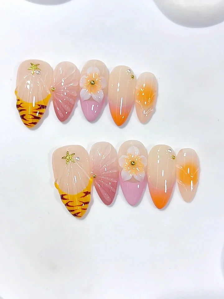 D688 - Medium Orange Nude Almond Ombre French Tip 3D Flower - view 6
