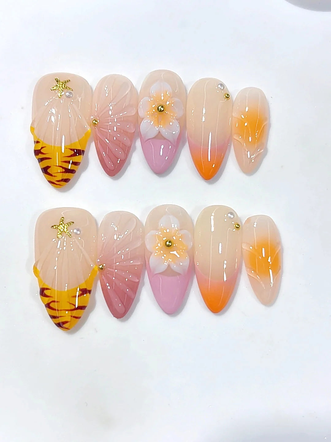 D688 - Medium Orange Nude Almond Ombre French Tip 3D Flower - view 7