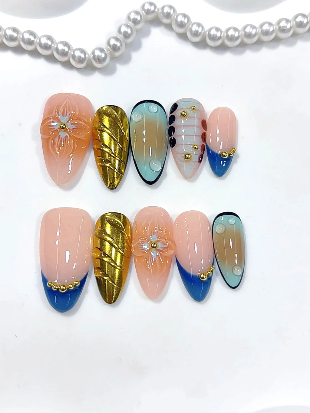 D689 - Medium Nude Blue Almond Gold Metallic Floral - view 4