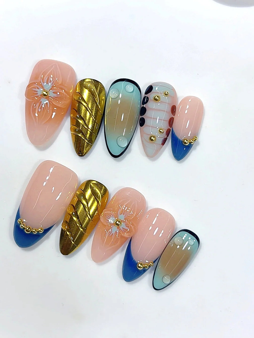 D689 - Medium Nude Blue Almond Gold Metallic Floral - view 5