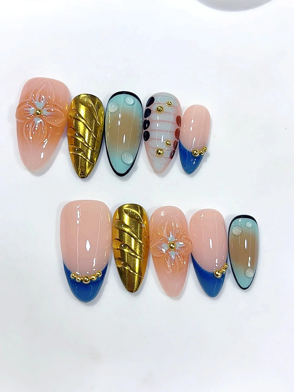 D689 - Medium Nude Blue Almond Gold Metallic Floral - view 6