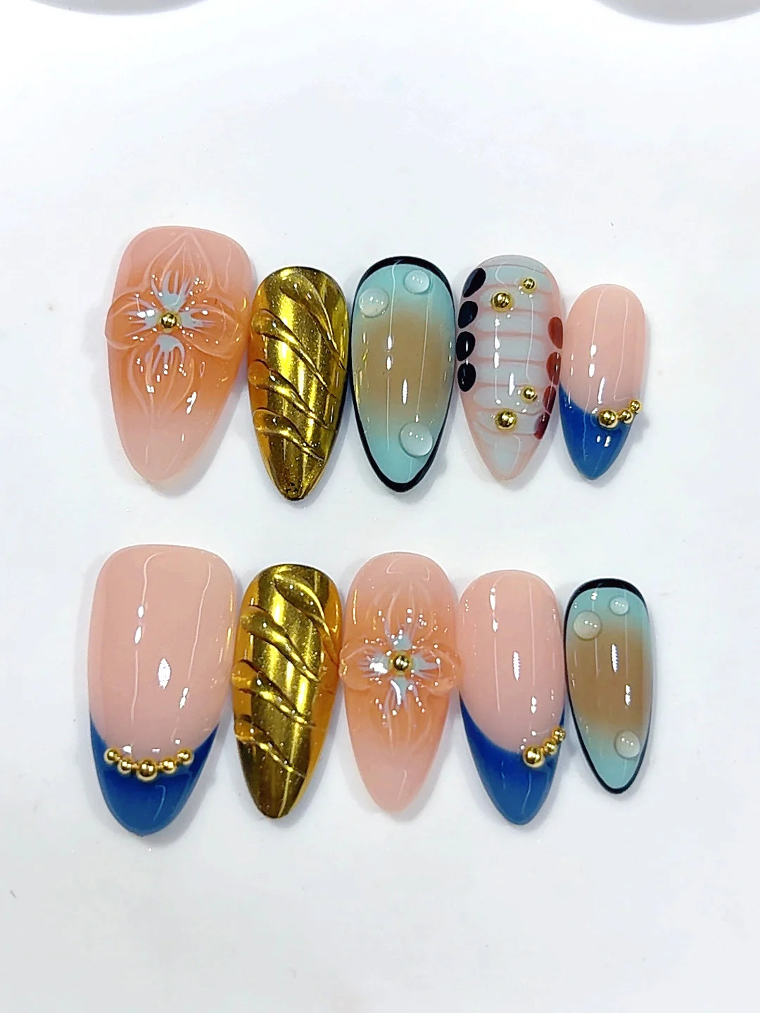 D689 - Medium Nude Blue Almond Gold Metallic Floral - view 7