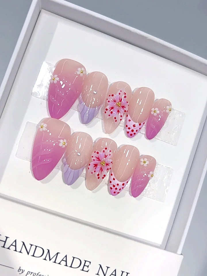 D690 - Medium Pink Lilac Almond Ombre French Tip Floral Dots - view 1