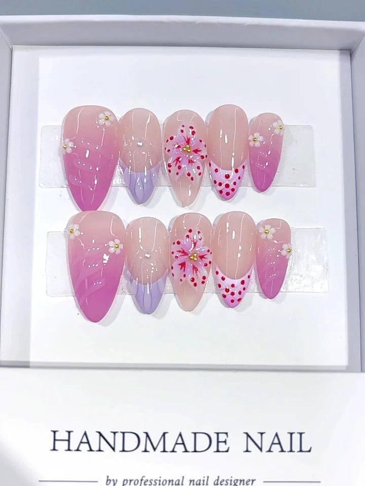 D690 - Medium Pink Lilac Almond Ombre French Tip Floral Dots - view 2