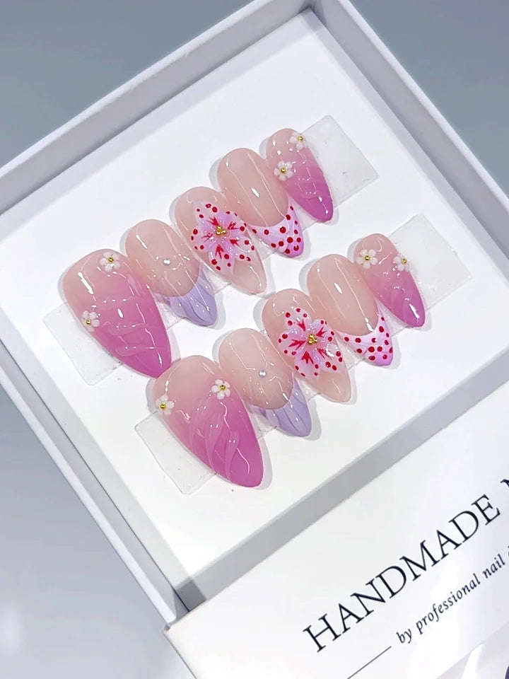 D690 - Medium Pink Lilac Almond Ombre French Tip Floral Dots - view 3