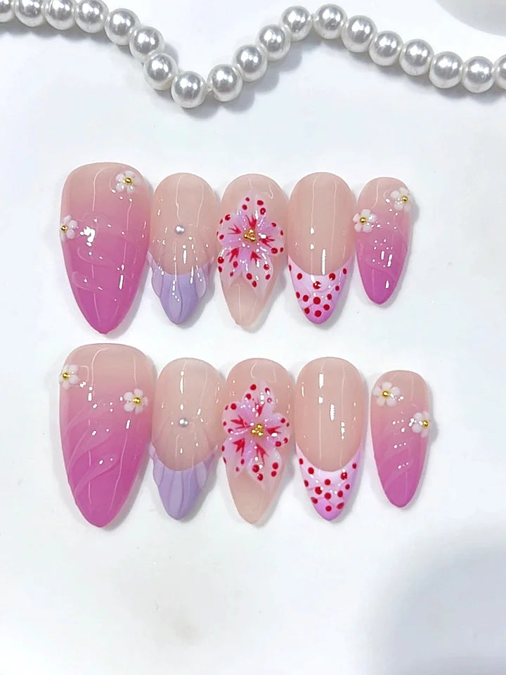 D690 - Medium Pink Lilac Almond Ombre French Tip Floral Dots - view 4