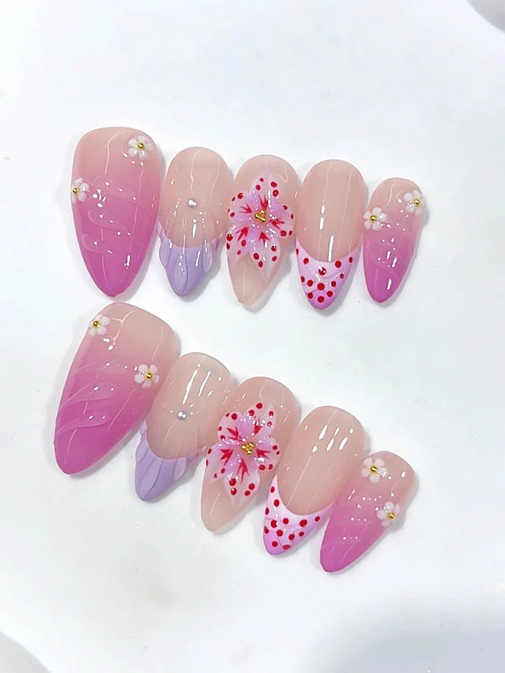 D690 - Medium Pink Lilac Almond Ombre French Tip Floral Dots - view 5