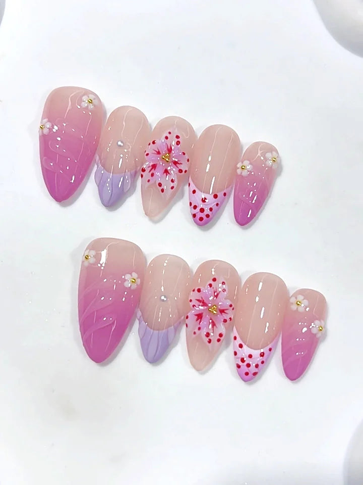 D690 - Medium Pink Lilac Almond Ombre French Tip Floral Dots - view 6
