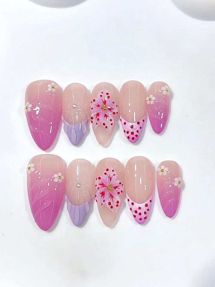 D690 - Medium Pink Lilac Almond Ombre French Tip Floral Dots - view 7