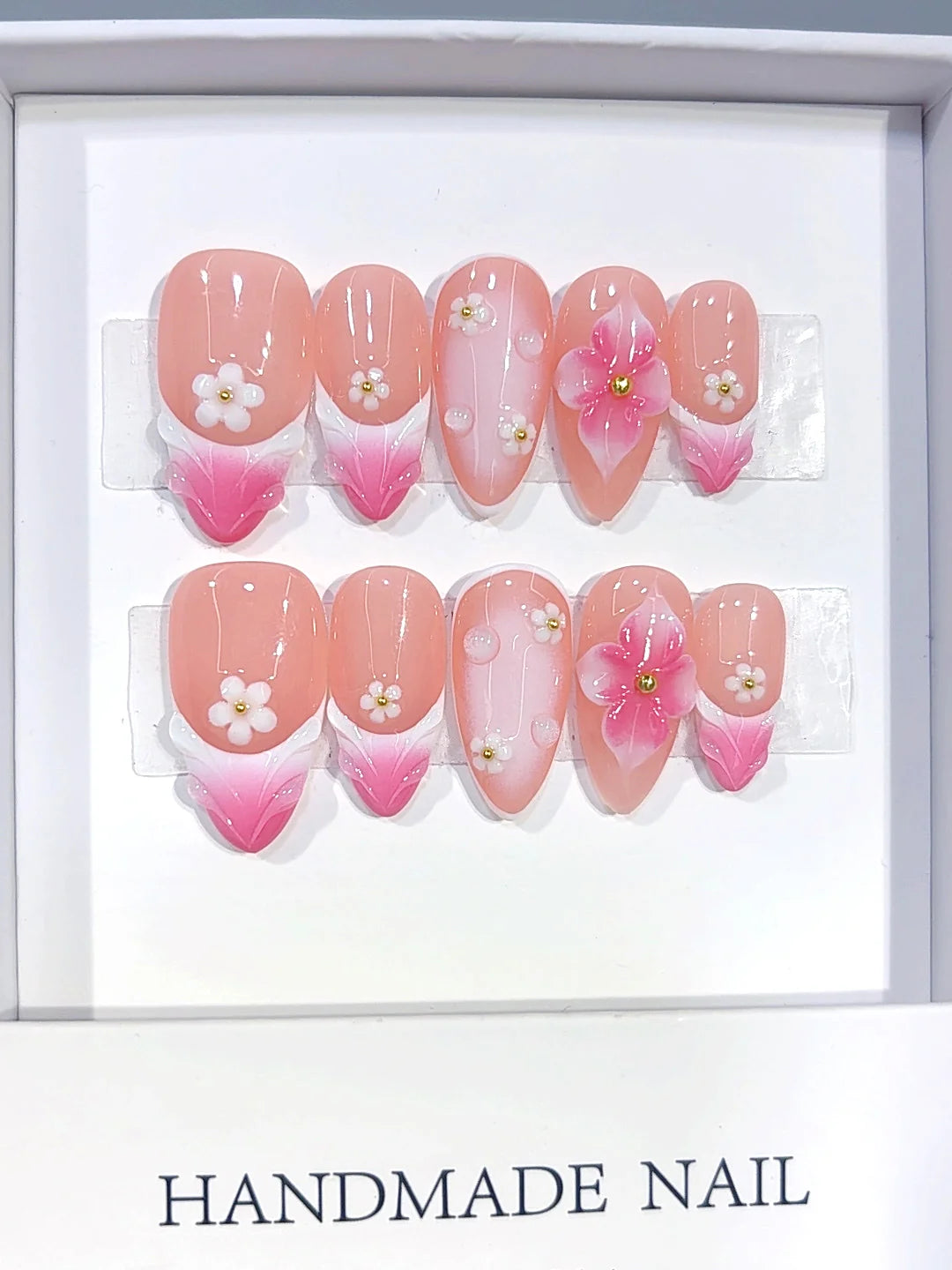 D691 - Medium Pink White Almond Ombre French Tip Daisy Floral - view 2