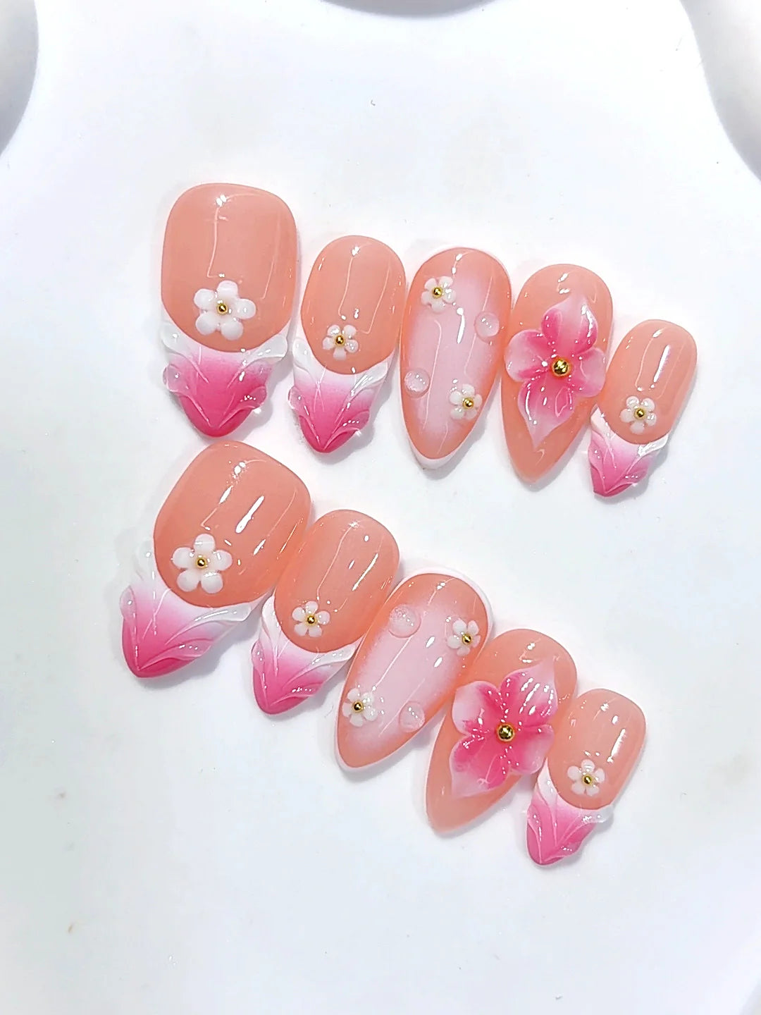 D691 - Medium Pink White Almond Ombre French Tip Daisy Floral - view 5